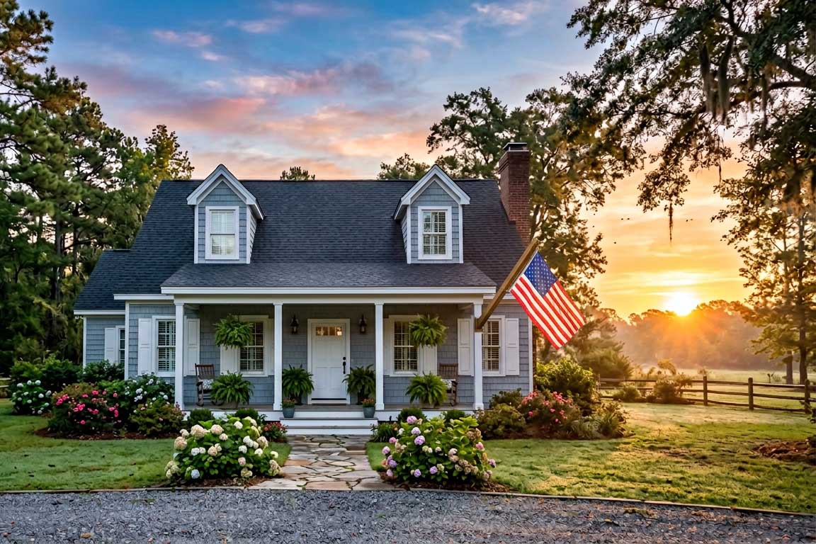 Bright, crisp new American flag waving proudly in a spring garden with blooming flowers